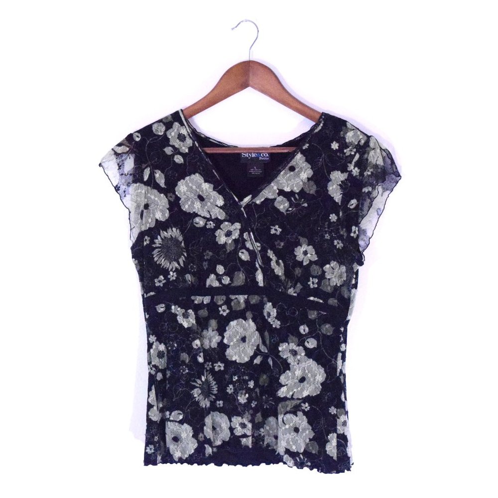 Style & Co Green and Black Floral Blouse
